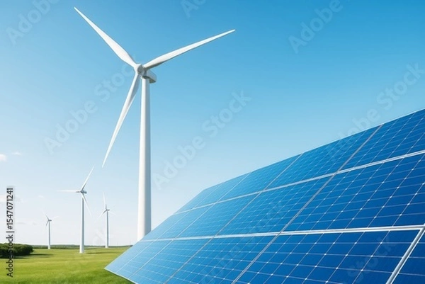 Fototapeta Wind turbines and solar panels on a sunny day in a green field, symbolizing clean energy and sustainability in a bright natural environment.