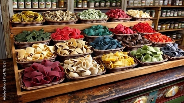 Obraz Colorful pasta ribbons displayed on wooden shelves in a rustic kitchen setting