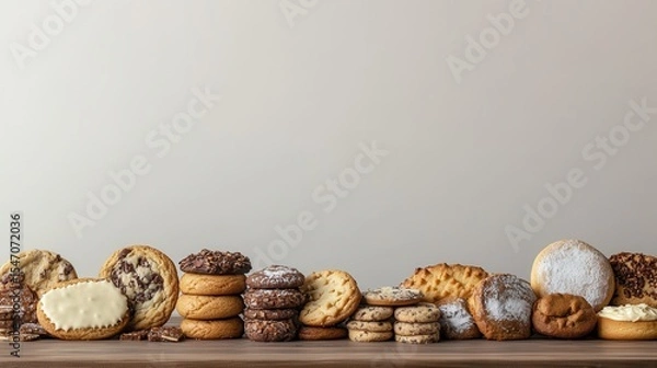Fototapeta Assorted Delicious Cookies on a Wooden Table Against Neutral Backdrop