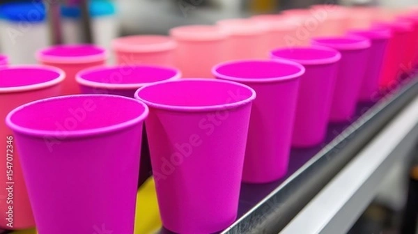 Fototapeta Vibrant Pink Disposable Cups Arranged Neatly on a Factory Conveyor