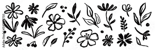 Fototapeta Flower brush hand drawn vector set. Hand drawn doodle flower, floral leaf elements in brush stroke ink style. Simple abstract botanical silhouette set for nature black paint art. Vector illustration