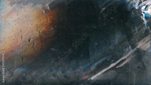 Fototapeta Distressed background. Old film overlay. Orange blue dust scratches drops noise wet stains weathered dirty surface on dark black abstract art.