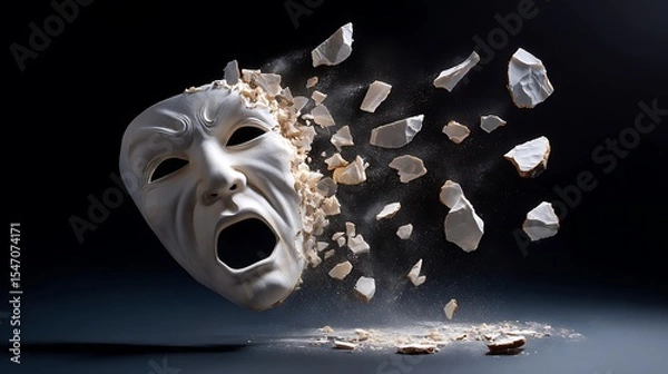 Fototapeta A Shattered Theatrical Mask of Tragedy, Symbolizing Emotional Breakdown, Vulnerability, and the Breaking of a Façade, Set Against a Dramatic Black Background