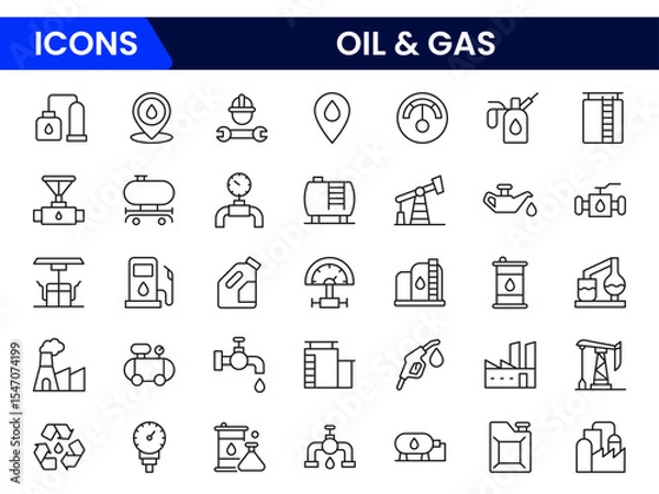 Fototapeta Robust vector web line icons depicting oil and gas, drilling, pipelines, refineries, and energy production for industrial operations.