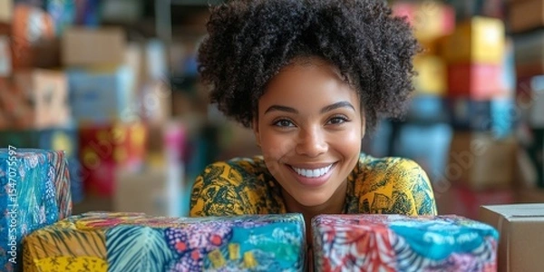 Fototapeta A smiling woman among colorful packages, ideal for e-commerce, small business, and shipping blogs or websites.


