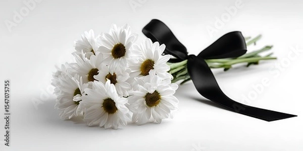 Fototapeta Mourning Bouquet of White Daisies Tied with a Black Ribbon: A Symbol of Sympathy, Condolences, and Remembrance on a White Background