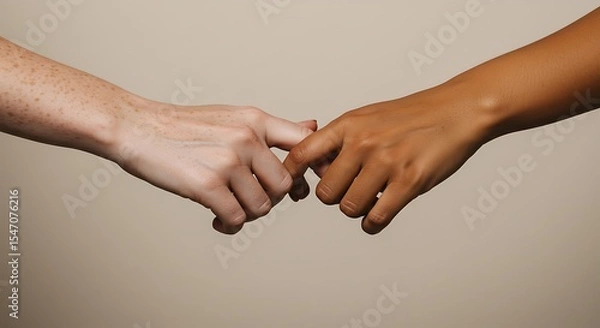 Fototapeta Two hands, one light-skinned and one dark-skinned, interlock pinky fingers in a gesture of connection or promise.