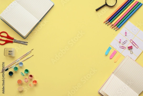 Fototapeta A Creative Workspace that includes a variety of Stationery Supplies and Essential Tools