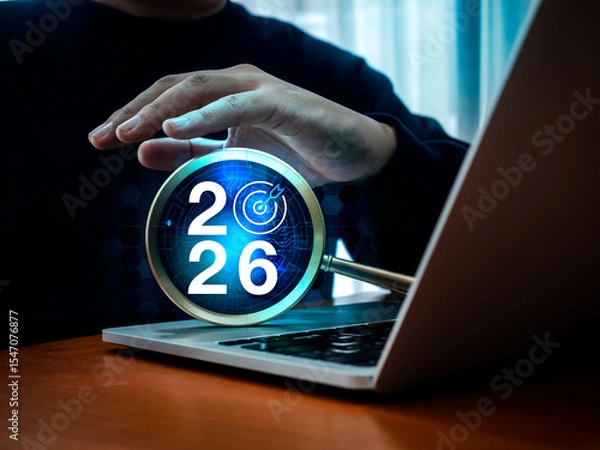 Obraz Happy new year 2026, success with artificial intelligence tools technology concept. 2026 calendar numbers with target icon and AI circuit graphics in magnifying glass while man work with computer.