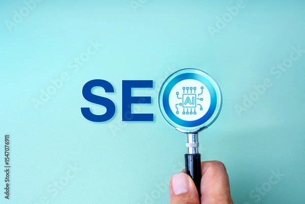 Obraz SEO optimization, search engine marketing, with Artificial intelligence assistant tools technology concept. AI chip focused in magnifying glass lens in people hand, with text SEO, on blue background.