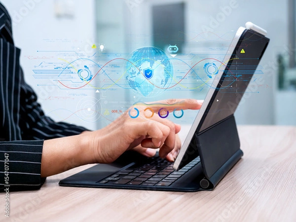Obraz Cyber security, worldwide internet network security technology, privacy digital data protection concepts. Safety shield icon hologram appears while business person work with digital tablet computer.