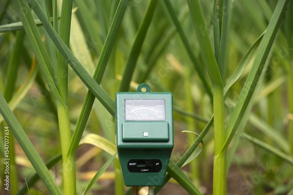 Obraz Soil Analyzer Device Amidst Green Plants for Agricultural Measurement Concepts