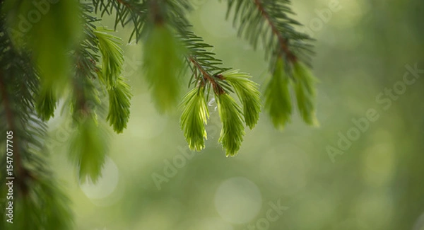 Obraz Vibrant new growth of spruce tips showcasing nature springtime renewal against soft blurred backdrop