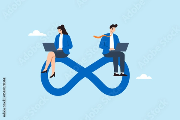 Fototapeta Flat illustration of business people sitting on infinity loop while working on laptops to represent continuous workflow, agile collaboration, and sustainable productivity