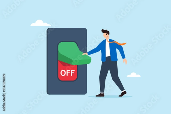 Fototapeta Flat illustration of businessman turning off giant switch to take break from work symbolizing digital detox burnout recovery and work-life balance