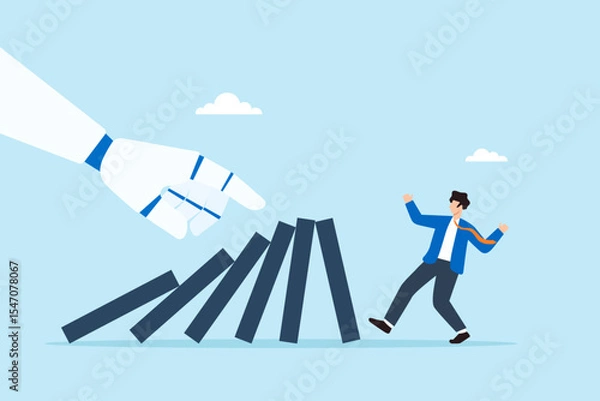 Fototapeta Flat illustration of robot hand pushing domino chain to knock down businessman symbolizing AI automation risk and threat to human employment