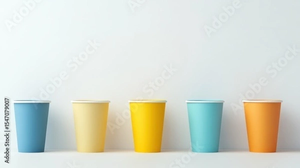 Fototapeta Colorful Disposable Cups in a Row Against a Neutral Background