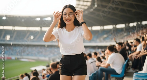 Obraz Stadium Spectator's Joy: A cheerful woman, radiating pure happiness and excitement, is amidst a crowded stadium setting, exuding her enthusiasm, enjoying every moment of the event.