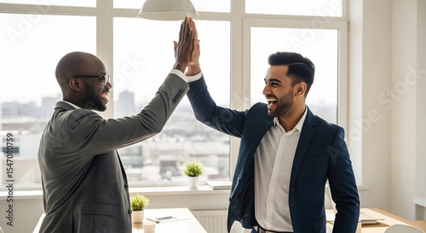 Obraz Business Partners High-Five: Two diverse business partners celebrate their success with a high-five in a modern office setting, embodying collaboration, teamwork, and accomplishment.