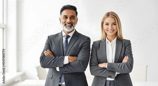 Obraz Confident Business Partners: Two successful business professionals, a man and a woman, stand confidently with arms crossed, showcasing their partnership and success.  