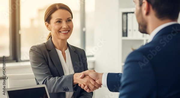 Obraz Handshake of Agreement: A poised woman, exuding confidence and warmth, seals a deal with a firm handshake, symbolizing successful business. Capturing the essence of cooperation and achievement.