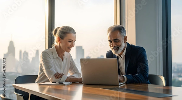 Obraz Consulting in the City: Two business professionals engrossed in a laptop at a large conference table. Highlighting the bond between colleagues and the modern business environment.