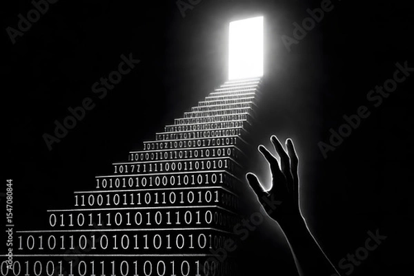 Obraz The Binary Ascent: A thought-provoking scene depicts a staircase formed by binary code leading to a bright, inviting doorway, with a hand reaching upwards towards the light, symbolic of knowledge.