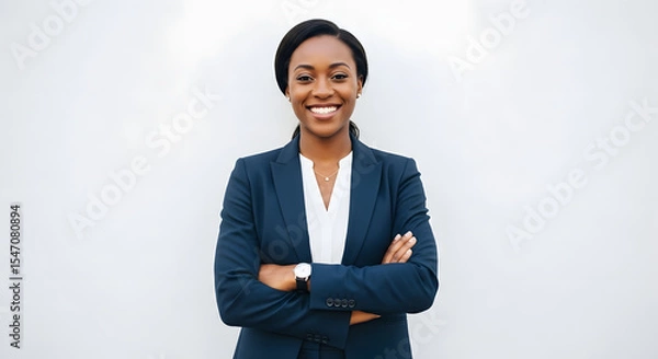 Obraz Confident Radiance: An African-American businesswoman with a warm, assured smile exudes leadership in a sleek navy suit, embodying professionalism and success.