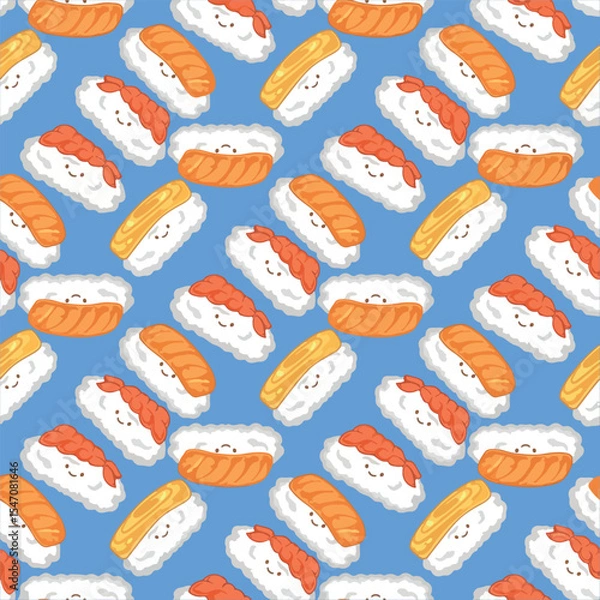 Obraz Seamless pattern with sushi and rolls on a blue background.