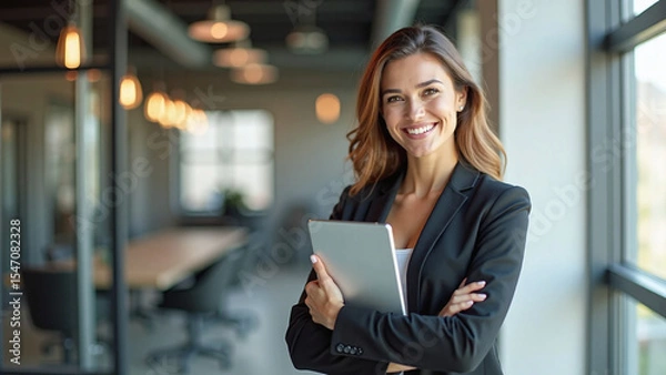 Obraz Confident businesswoman standing with tablet in modern office space.
