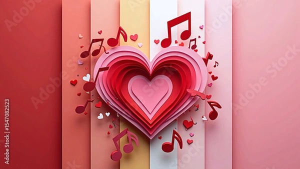 Obraz Layered pink and red heart with music notes and colorful background stripes.