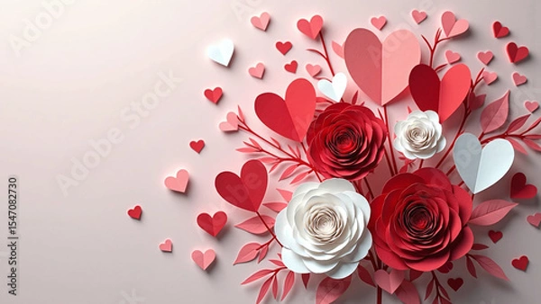 Obraz Paper cut red and white roses with heart-shaped leaves on pastel background.