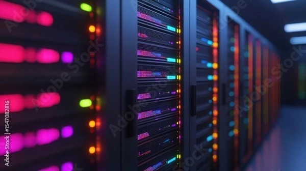 Fototapeta Colorful illuminated server cabinets in a modern data center with advanced technology and digital network systems