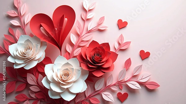 Obraz Romantic paper flower arrangement with red hearts and soft pink background.