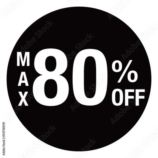 Obraz ”MAX80％OFF ”の文字入り　円形のイラスト　モノクロ　白文字　背景透過
