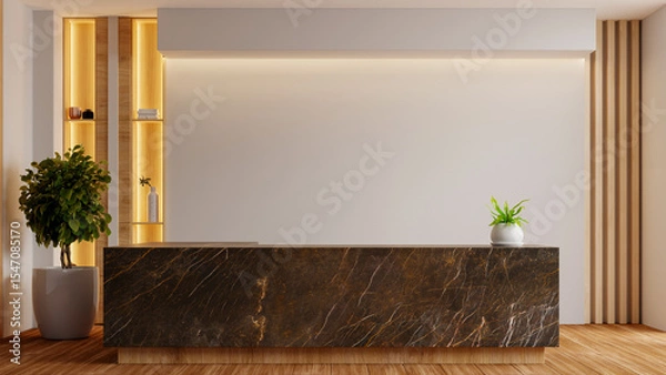 Obraz Modern minimalist reception area featuring a dark marble front desk, wooden slat wall accents, natural lighting- 3D rendering
