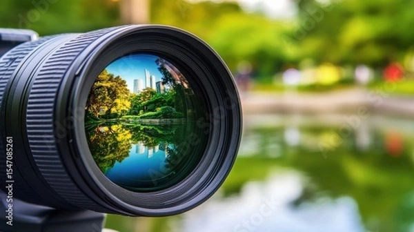 Fototapeta Camera Lens Capturing City Reflections in a Serene Park Setting