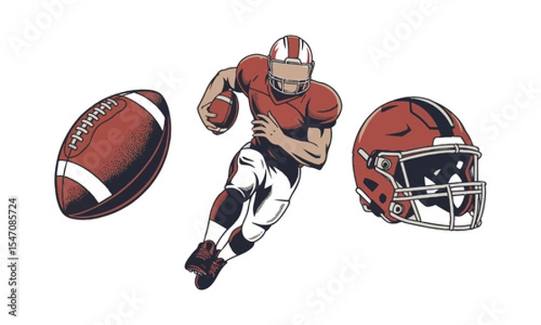 Fototapeta Modern vector illustration of an American Football Collection featuring three key elements, dynamic football player in action, easily editable.