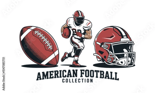 Fototapeta Modern vector illustration of an American Football Collection featuring three key elements, dynamic football player in action, easily editable.