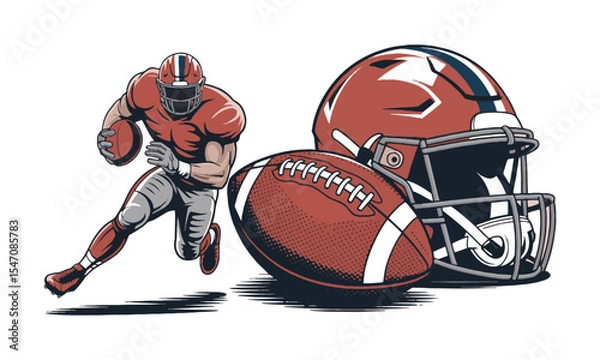 Fototapeta Modern vector illustration of an American Football Collection featuring three key elements, dynamic football player in action, easily editable.