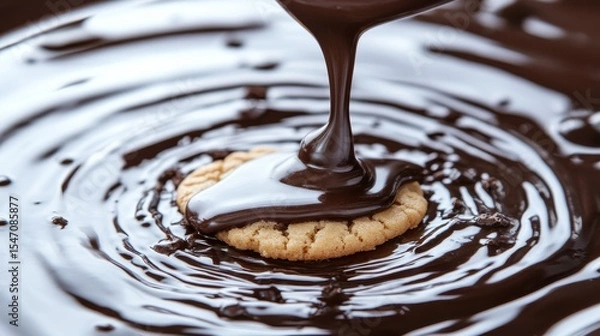 Fototapeta Drizzling Chocolate Sauce Over Cookie on Dark Surface