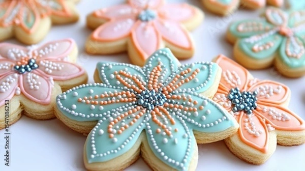 Fototapeta Colorful Flower-Shaped Cookies with Decorative Icing and Pearls