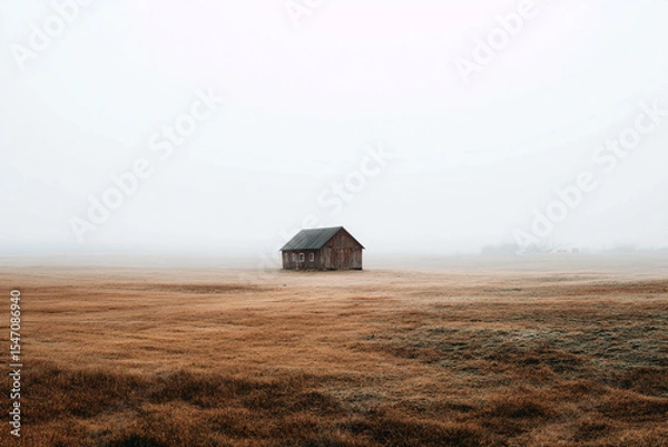 Fototapeta a small house in a field with a foggy sky