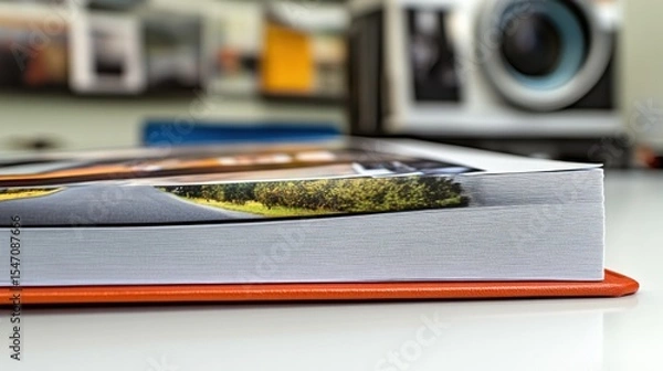 Fototapeta Close-Up View of a Photography Book on a Table with Camera Background