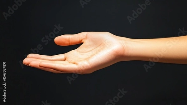 Obraz A human hand reaching out with a palm open, isolated on a black background.