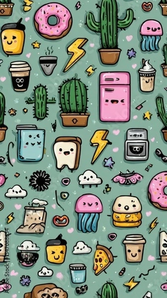 Obraz Kawaii Doodle Sticker Set: Minimalist Random Cute Elements with Pastel Background