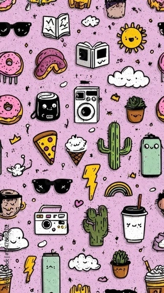 Obraz Kawaii Doodle Sticker Set: Minimalist Random Cute Elements with Pastel Background