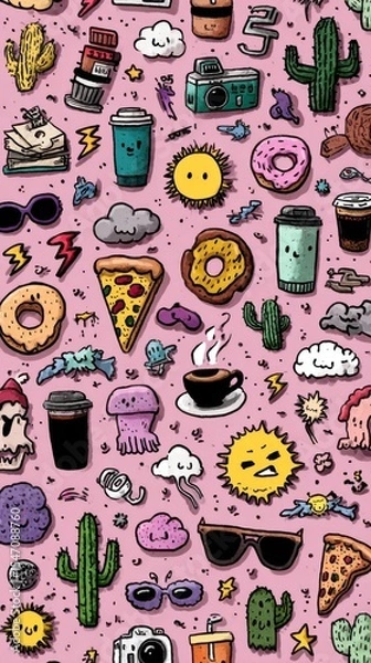 Obraz Kawaii Doodle Sticker Set: Minimalist Random Cute Elements with Pastel Background