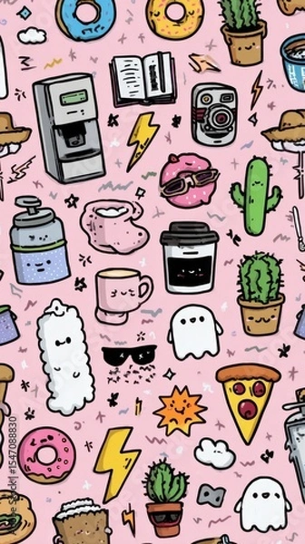 Obraz Kawaii Doodle Sticker Set: Minimalist Random Cute Elements with Pastel Background