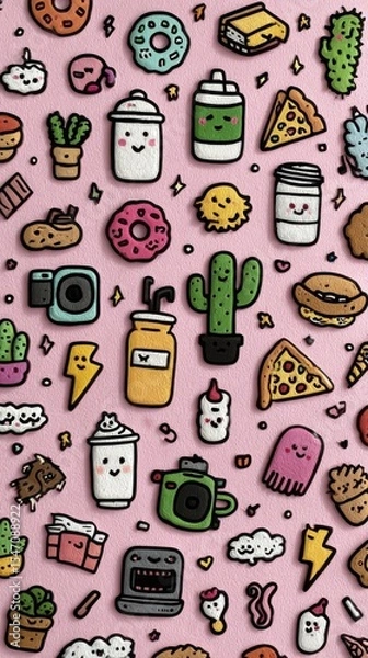 Obraz Kawaii Doodle Sticker Set: Minimalist Random Cute Elements with Pastel Background
